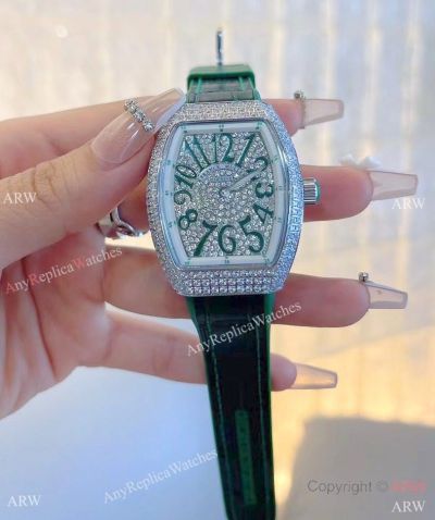 New Copy Franck Muller Vanguard Pave-Diamond Watches Green Gummy strap